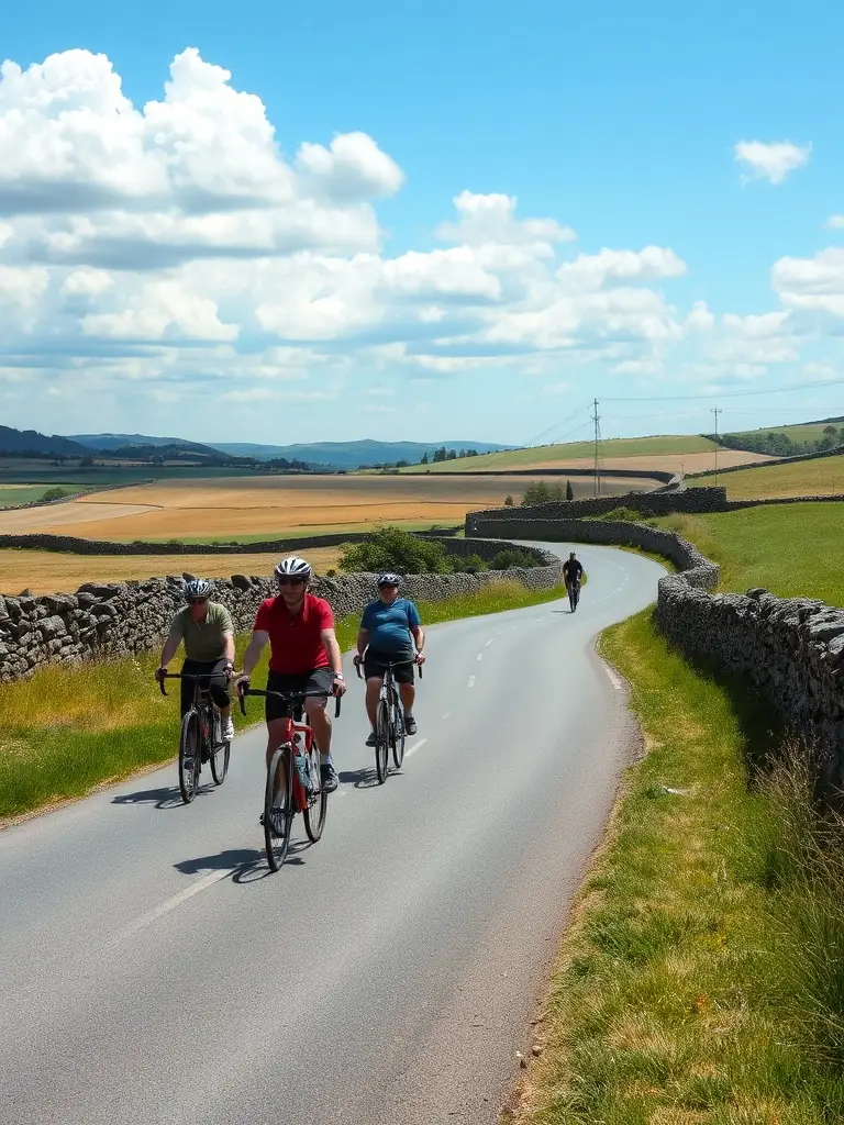 A scenic shot of cyclists touring the Brittany countryside, highlighting COMITE BRETAGNE CYCLISME's promotion of cycling tourism.