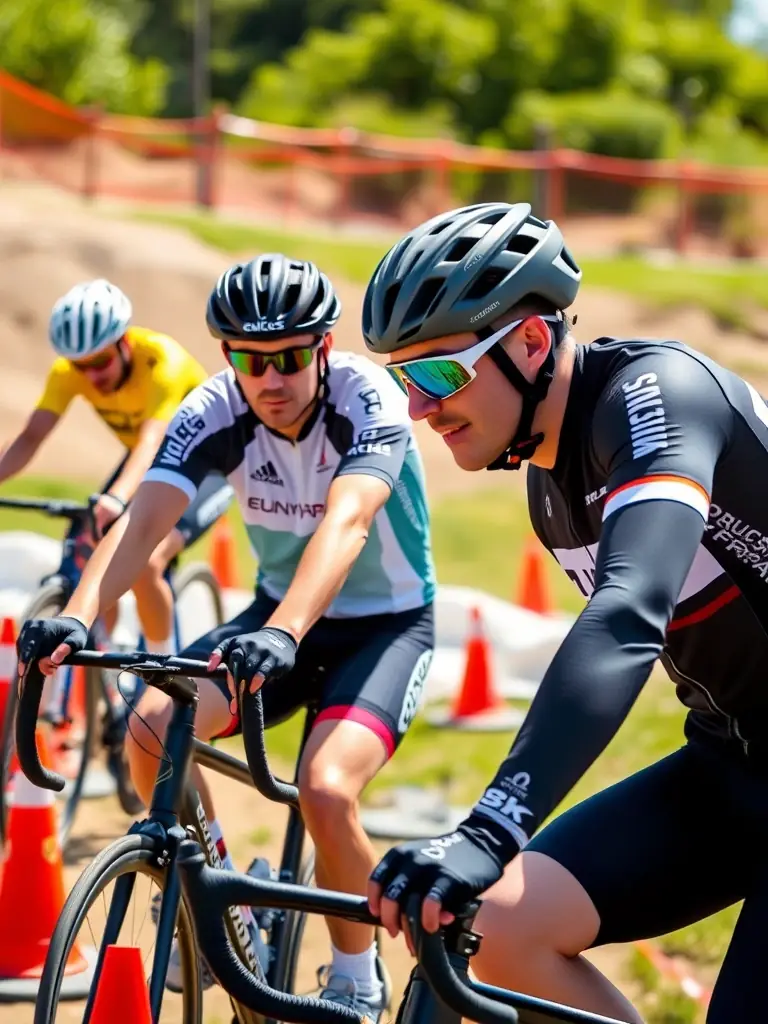 A focused image of young cyclists participating in a 'Youth Cycling Camp', emphasizing skill development and safe cycling practices.