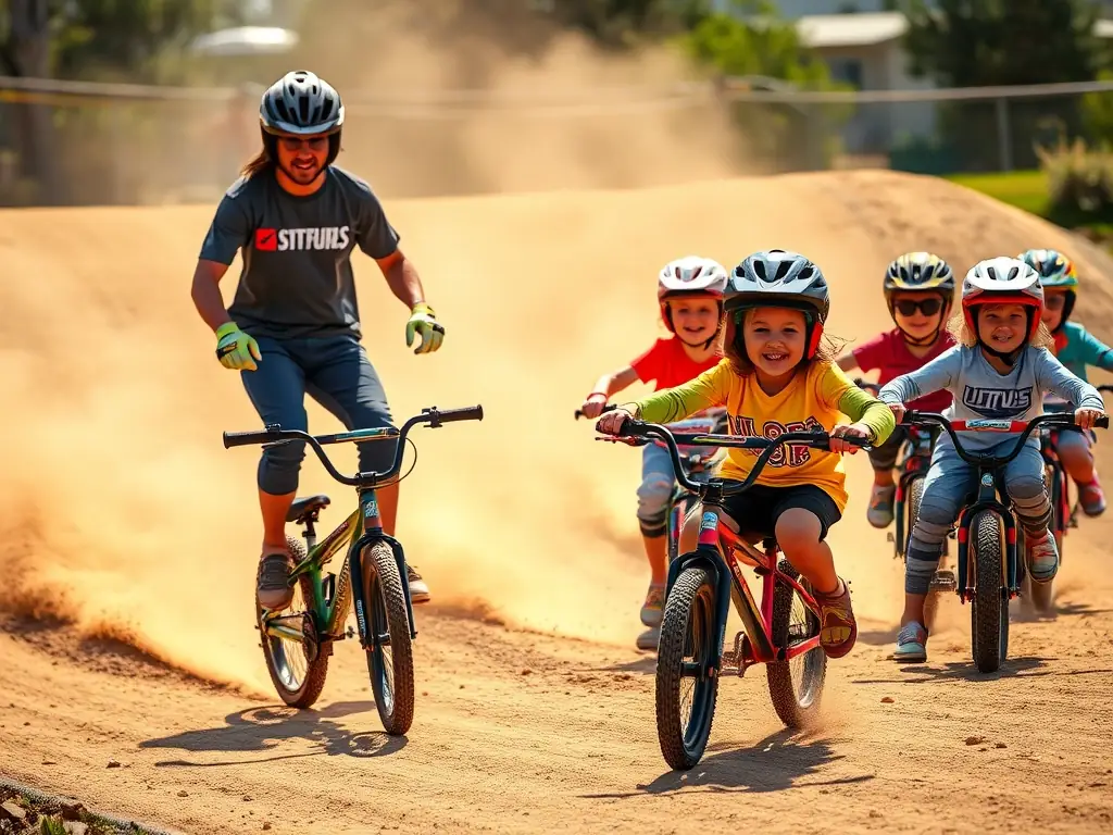 A dynamic image of young cyclists participating in a cycling skills development workshop, highlighting COMITE BRETAGNE CYCLISME's commitment to nurturing the next generation of cyclists.