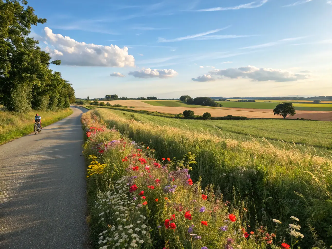 A picturesque image of cyclists touring the Brittany countryside, emphasizing COMITE BRETAGNE CYCLISME's promotion of cycling tourism and exploration of the region's natural beauty.
